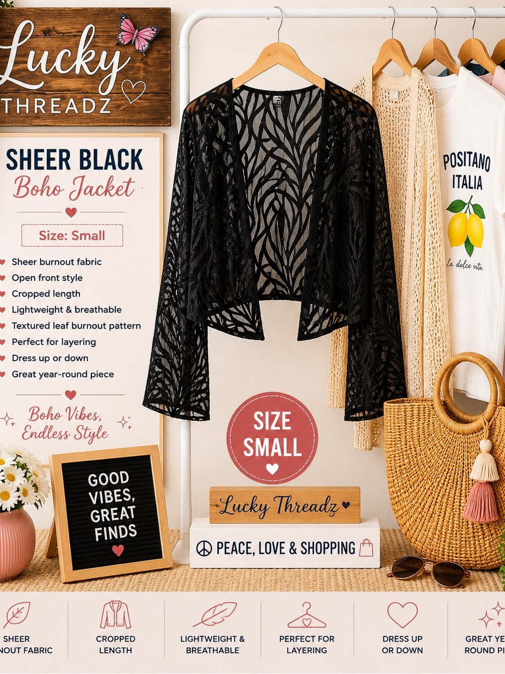 Lucky Threadz Sheer Black Boho Jacket - Small - Picture 1 of 1